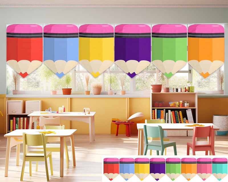 Cosblank 8 Pcs Rainbow Curtains (36 x 24 Inches) - Colorful Pencil Theme Decor for Bedroom or School Classroom, Back to School - Image 1
